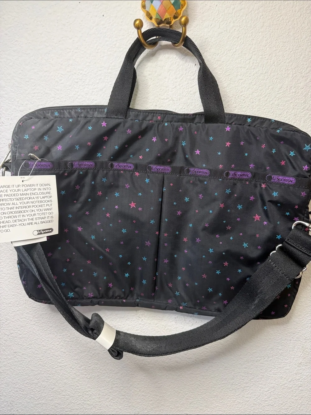 LeSportsac Black Laptop Bag with Purple and Blue Star Print